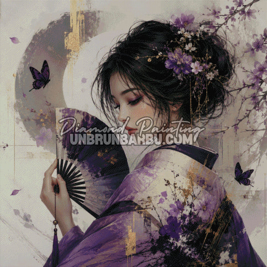Layout Diamond Painting Geisha des Cerisiers Pourpres avec aperçu diamanté du portrait japonais et des fleurs de sakura