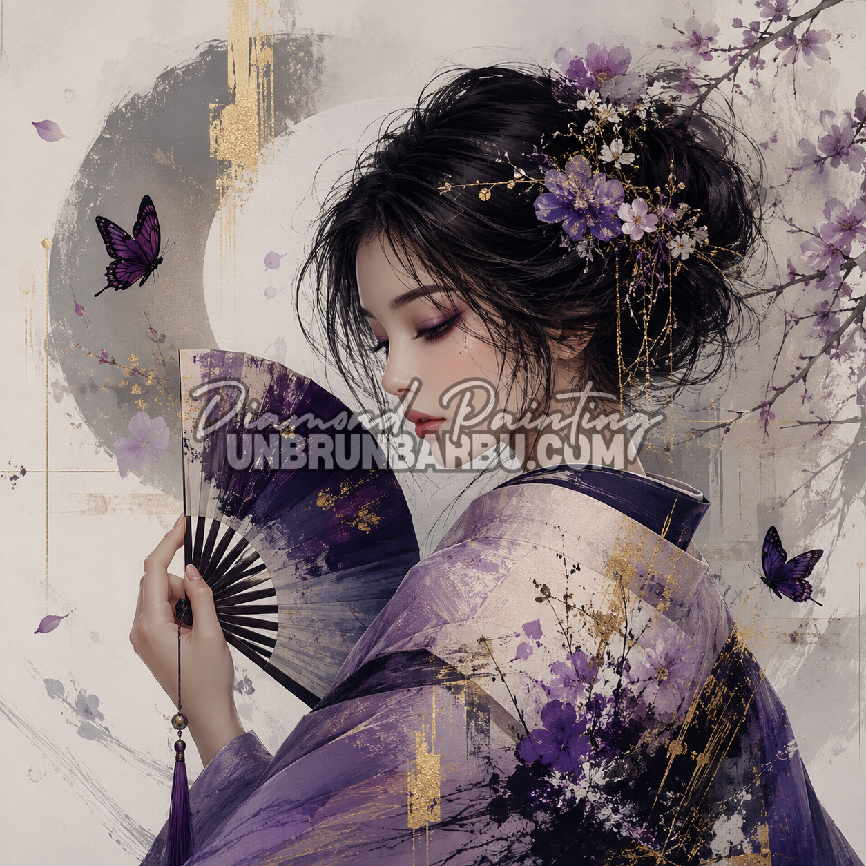 Diamond Painting Geisha des Cerisiers Pourpres 120x120 cm avec geisha japonaise, éventail, fleurs de cerisier et papillons violets