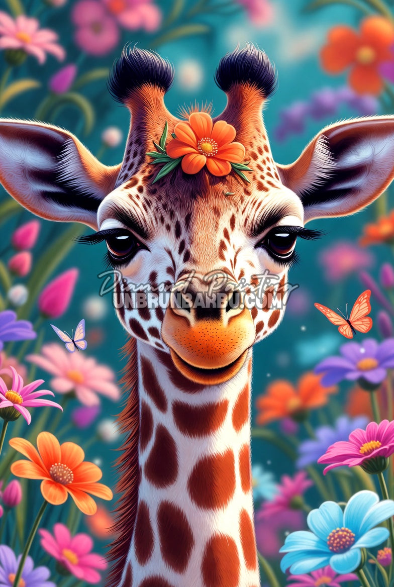 illustration diamond painting girafe fleurs printemps