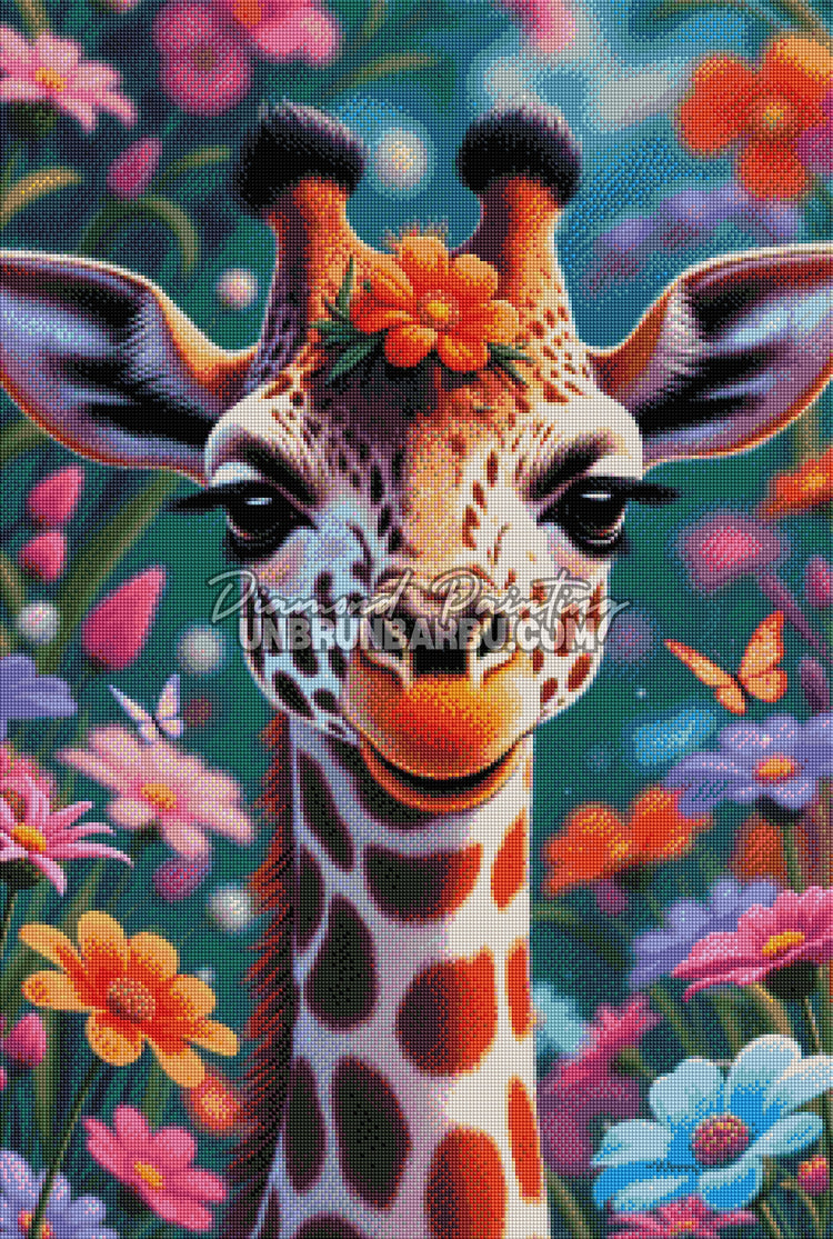 rendu diamond painting girafe colorée fleurs diamants