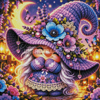 Rendu diamante du Gnome Fleuri au Clair de Lune 80x80 cm avec bonnet tricote, lanternes et fleurs