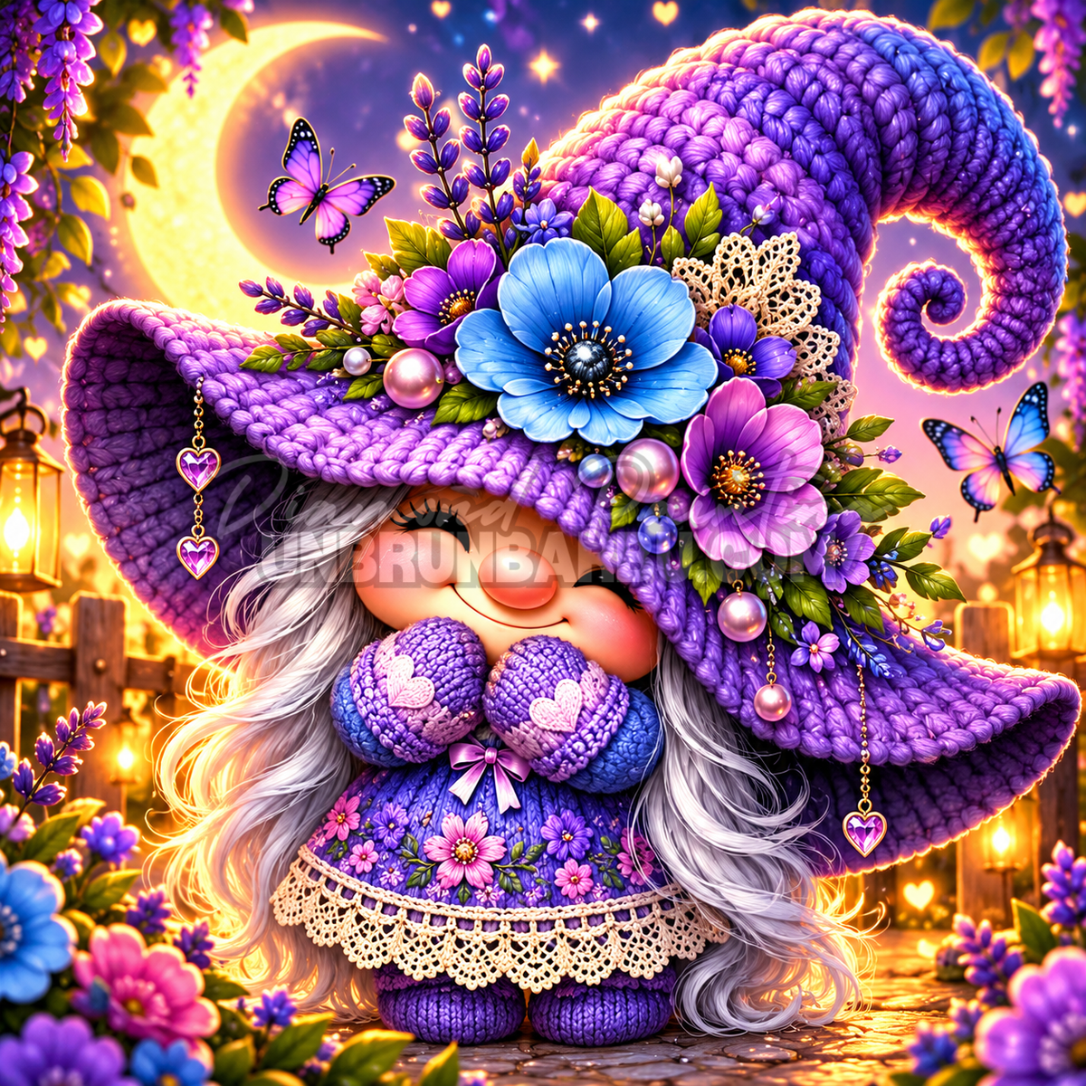 Diamond Painting Gnome Fleuri au Clair de Lune 80x80 cm avec bonnet violet, fleurs, papillons et lune