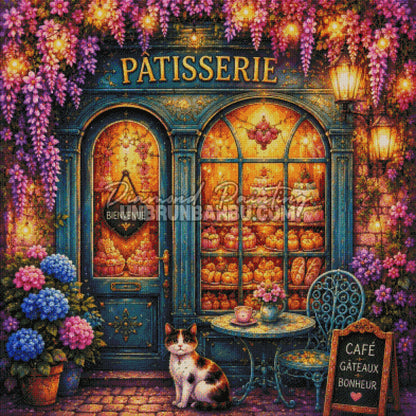 Rendu diamanté du Diamond Painting Un Goûter à la Pâtisserie avec vitrine gourmande et fleurs violettes