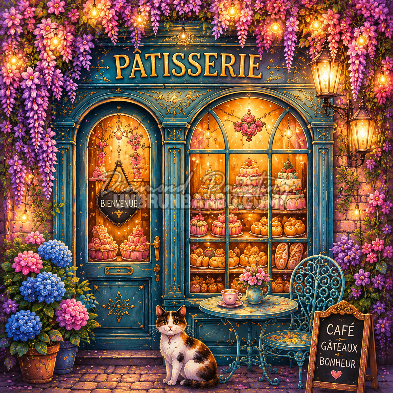 Diamond Painting Un Goûter à la Pâtisserie 100x100 cm avec boutique fleurie, gâteaux et petit chat