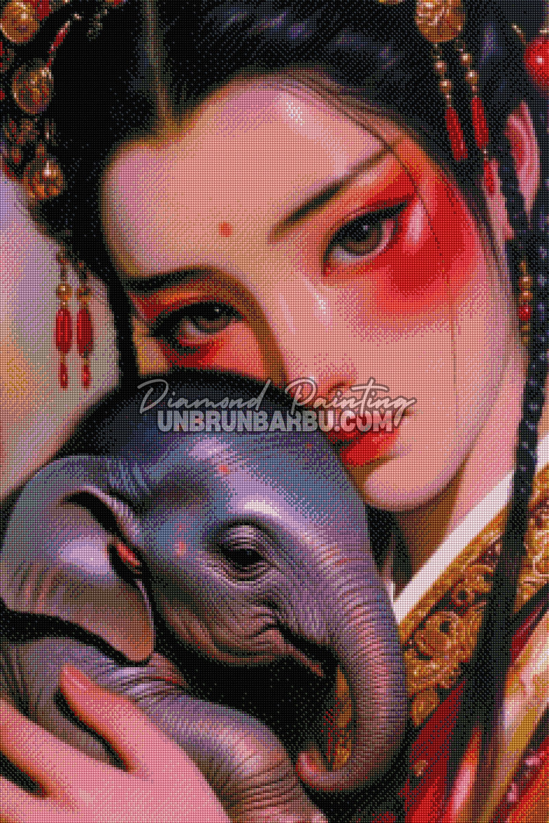 rendu diamond painting femme elephant diamants