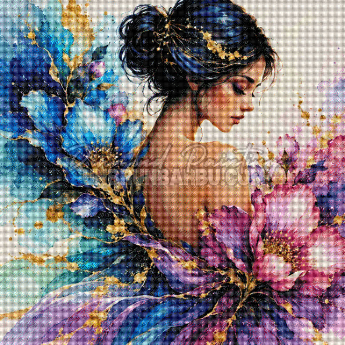 Rendu diamante de Grace Florale et Reflets d Or 100x100 cm avec chignon bleu, fleurs violettes et eclats dores