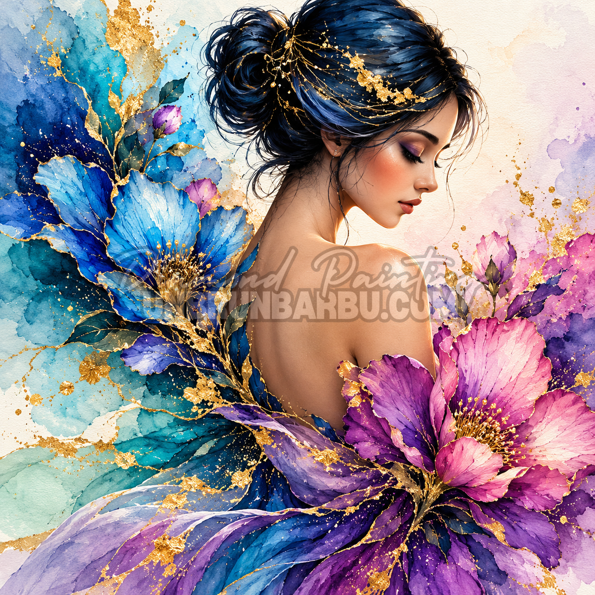 Diamond Painting Grace Florale et Reflets d Or 100x100 cm avec portrait feminin, fleurs bleues et touches dorees