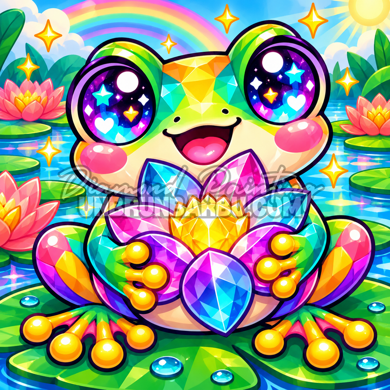 Diamond Painting Grenouille au Lotus de Cristal 60x60 cm avec etang, nenuphars, arc-en-ciel et fleurs roses
