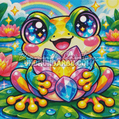 Rendu en Cristaux du Diamond Painting Grenouille au Lotus de Cristal 60x60 cm avec lotus multicolore et coeur dore