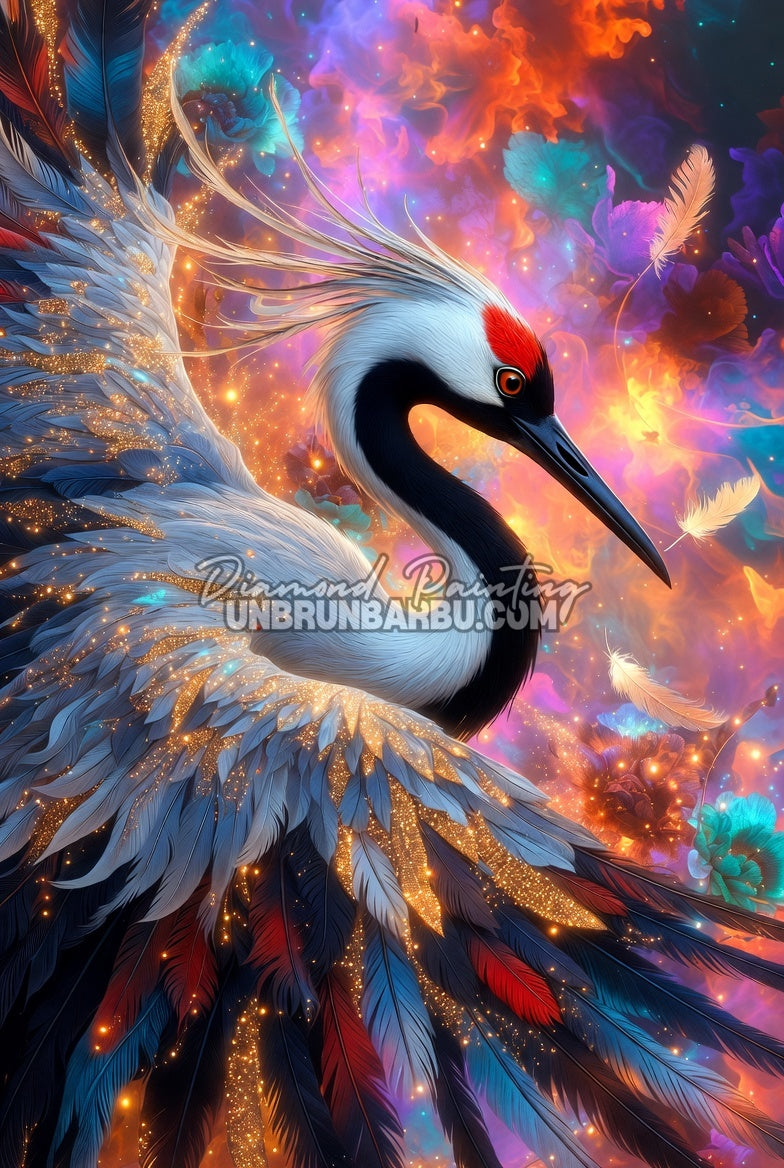 illustration diamond painting grue sacree envol couleurs lumineuses