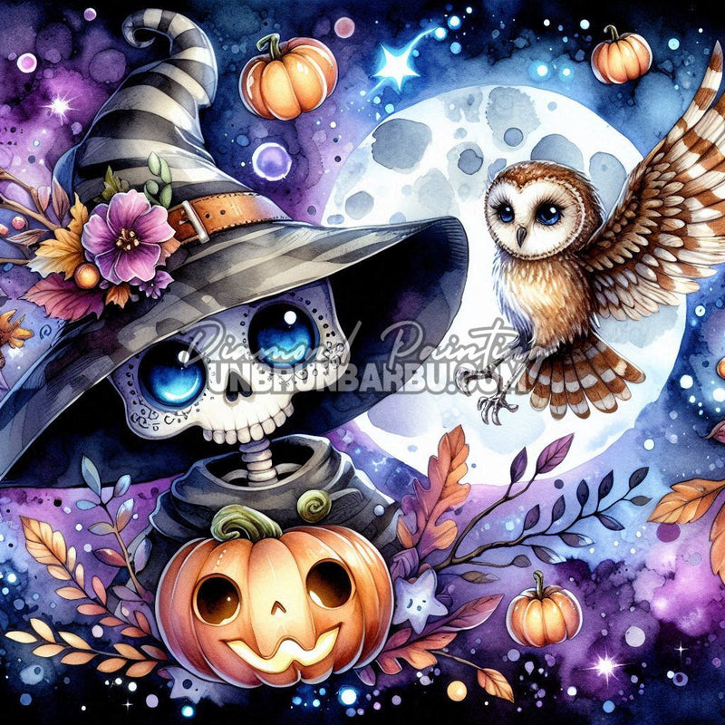 illustration halloween squelette kawaii chouette citrouille lune magique