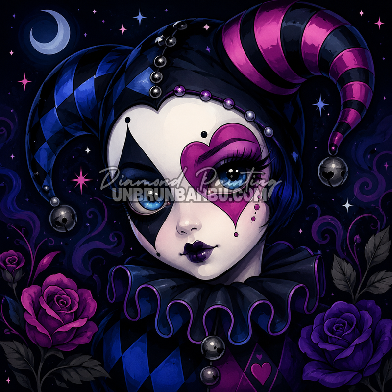 diamond painting harlequin bijou de nuit 100x100 cm personnage sombre roses
