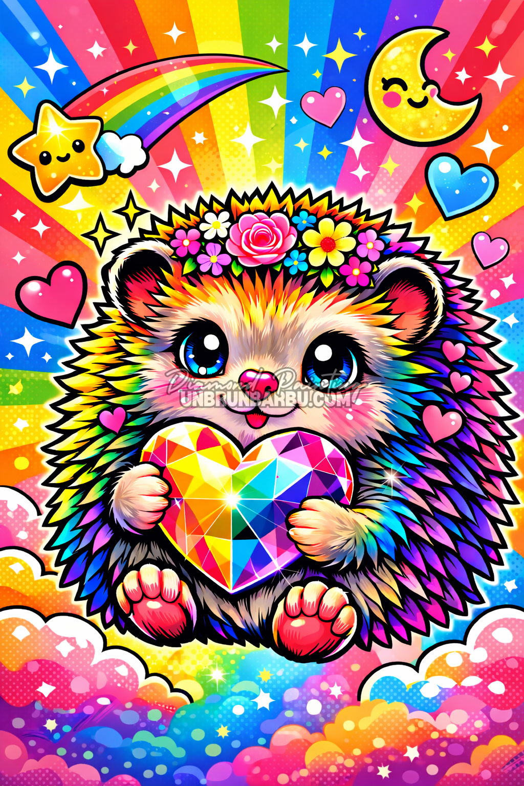 illustration diamond painting herisson kawaii arc en ciel