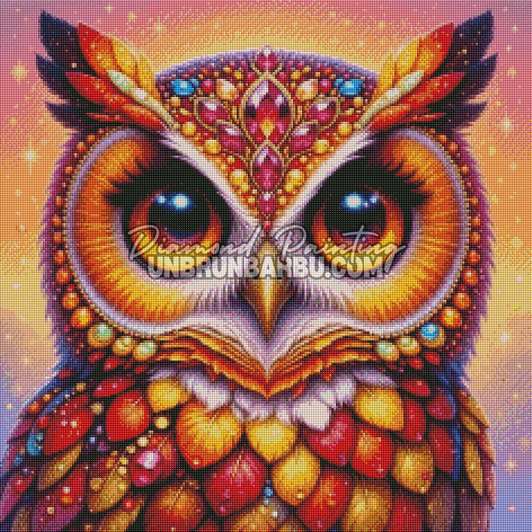 Rendu diamanté du Diamond Painting Hibou aux Plumes de Cristal 60x60 cm