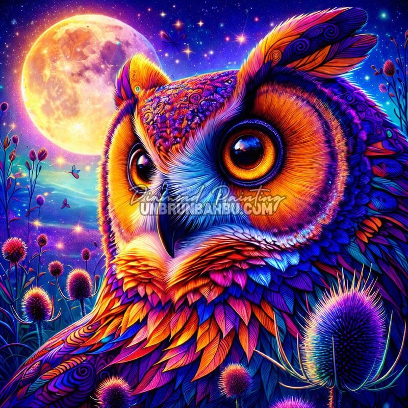 illustration diamond painting hibou couleur nuit lune