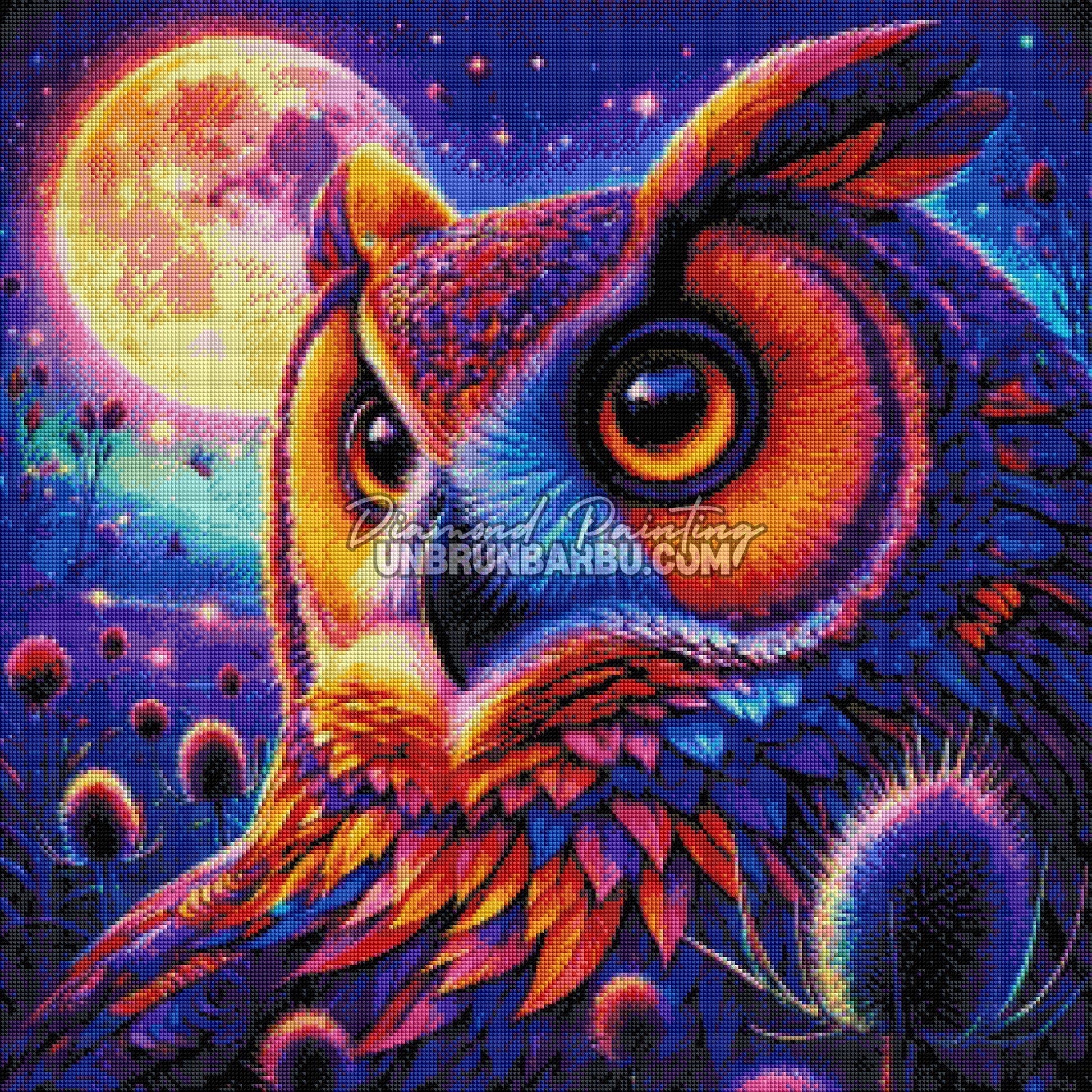 rendu diamond painting hibou effet diamant lumineux