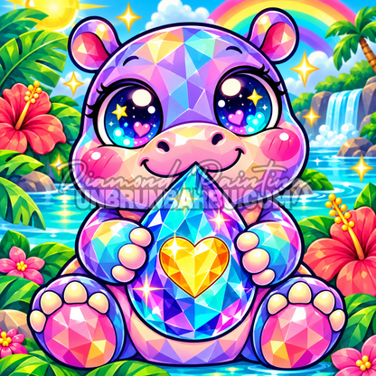 Diamond Painting Hippopotame a la Goutte de Cristal 60x60 cm avec lagon tropical, cascade et hibiscus