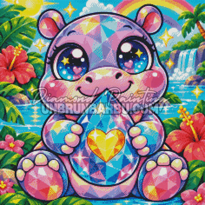 Rendu en Cristaux du Diamond Painting Hippopotame a la Goutte de Cristal 60x60 cm avec coeur dore et arc-en-ciel