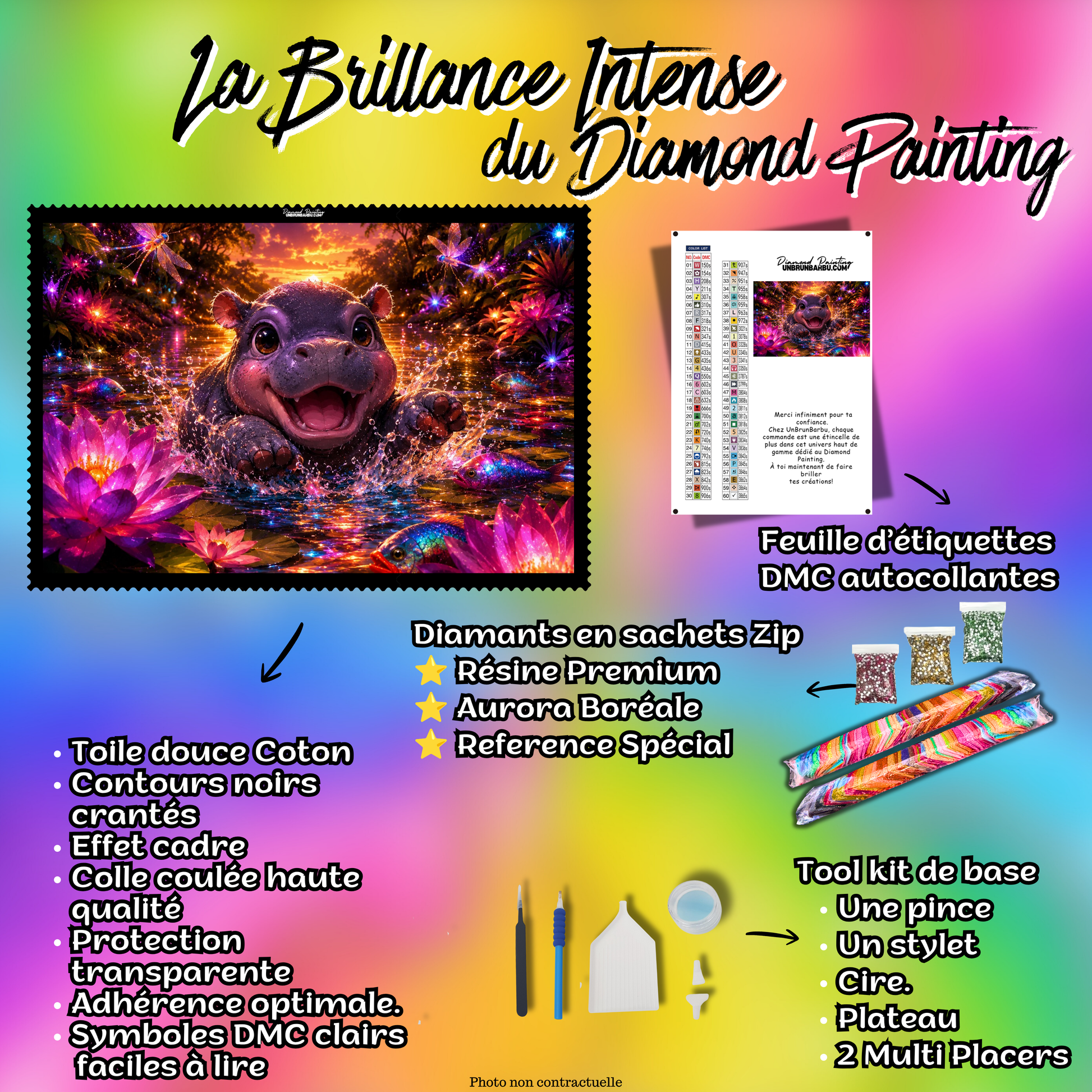 kit diamond painting hippopotame splash de magie 120x95 complet