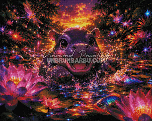 diamond painting hippopotame splash de magie rendu diamante 120x95