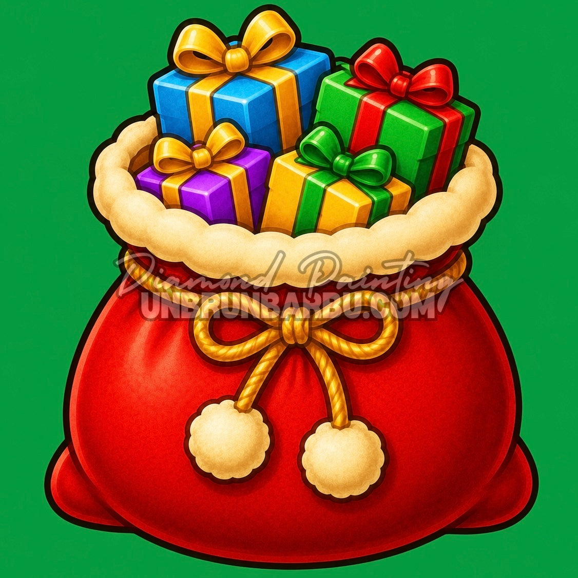 Diamond Painting hotte de cadeaux de Noël 30x30 cm avec paquets colorés sur fond vert