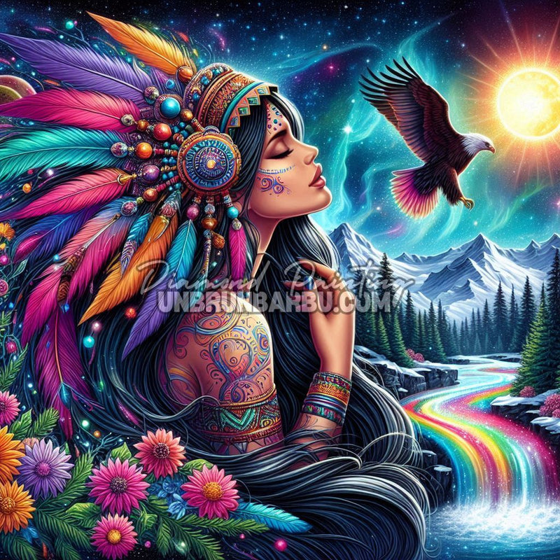 illustration diamond painting indienne aigle spirituel arc en ciel
