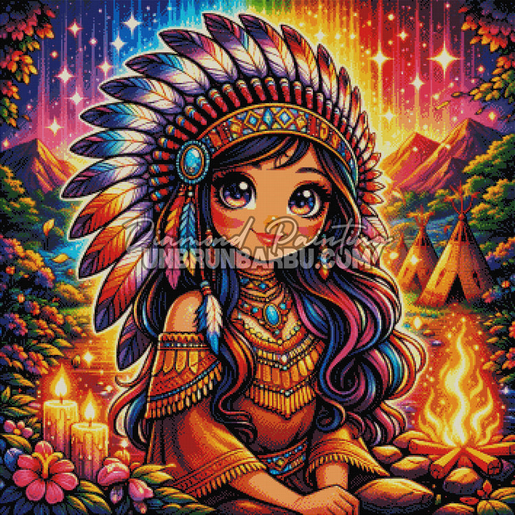 Rendu diamanté du Diamond Painting Indienne du Feu Sacré 90x90 cm
