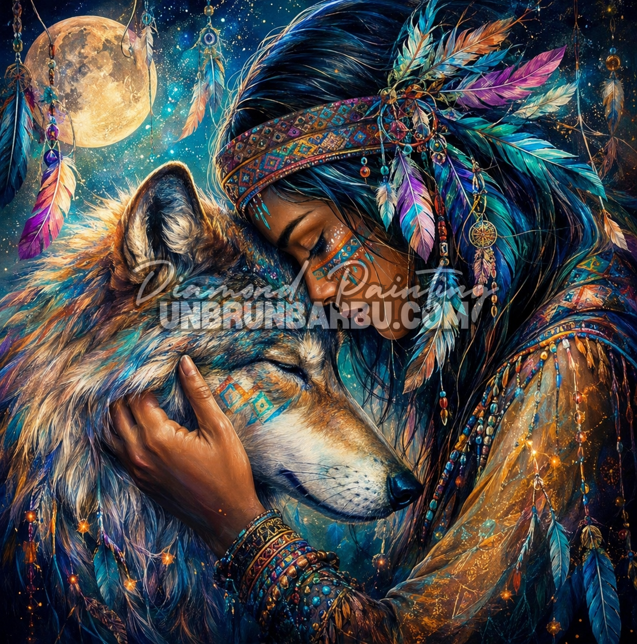 diamond painting indienne et loup sous la lune 100x100 illustration