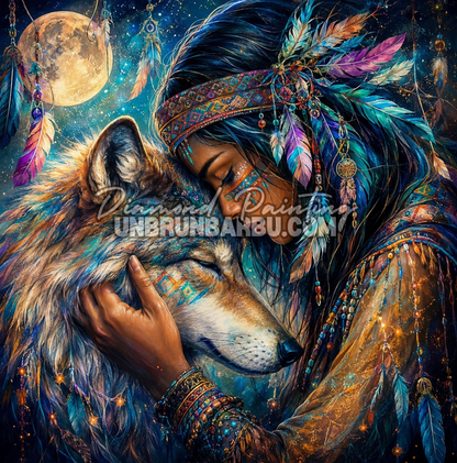 diamond painting indienne et loup sous la lune 100x100 illustration