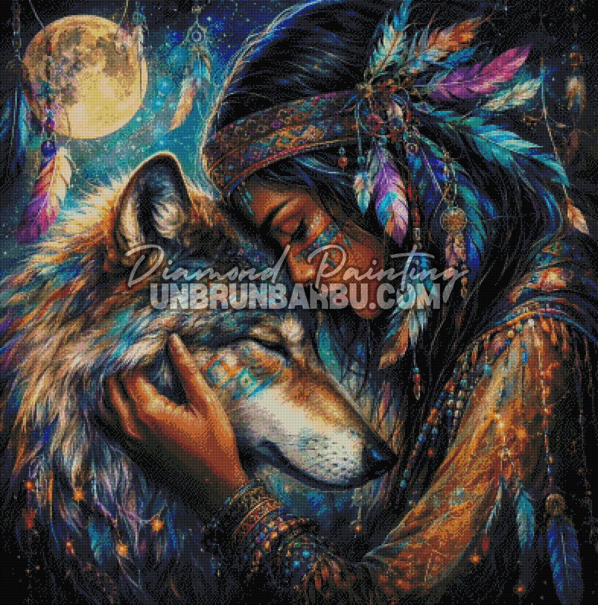 diamond painting indienne et loup sous la lune 100x100 rendu diamante
