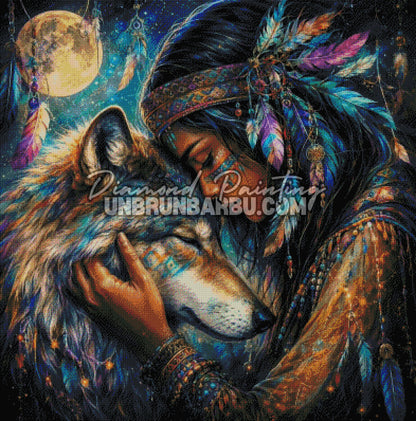 diamond painting indienne et loup sous la lune 100x100 rendu diamante