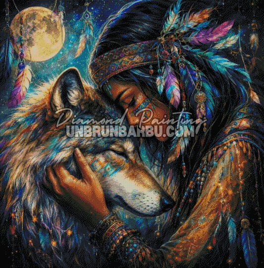 diamond painting indienne et loup sous la lune 100x100 rendu diamante