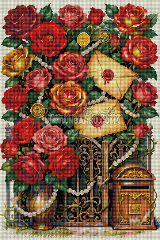 Rendu diamanté du Diamond Painting Jardin des Lettres Secrètes 50x75 cm avec roses rouges et lettres cachetées