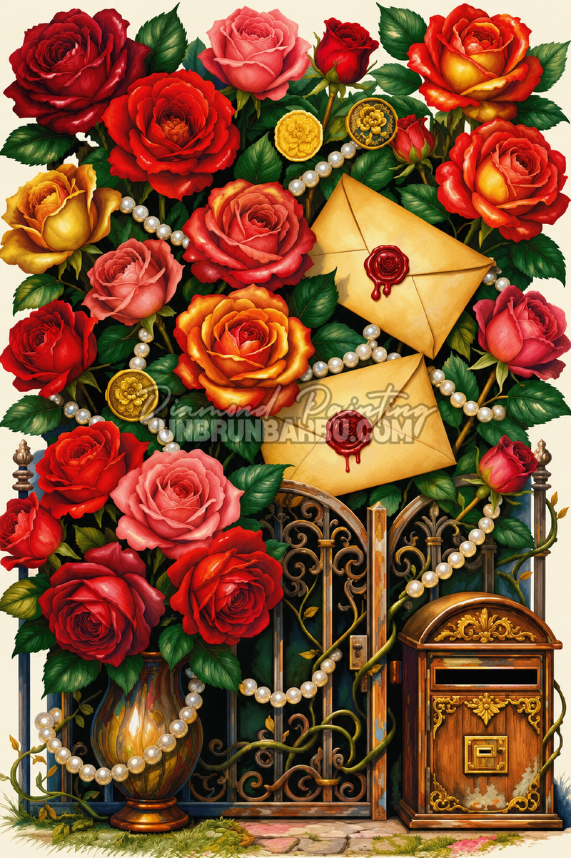 Diamond Painting Jardin des Lettres Secrètes 50x75 cm avec roses, enveloppes cachetées, perles et boîte aux lettres