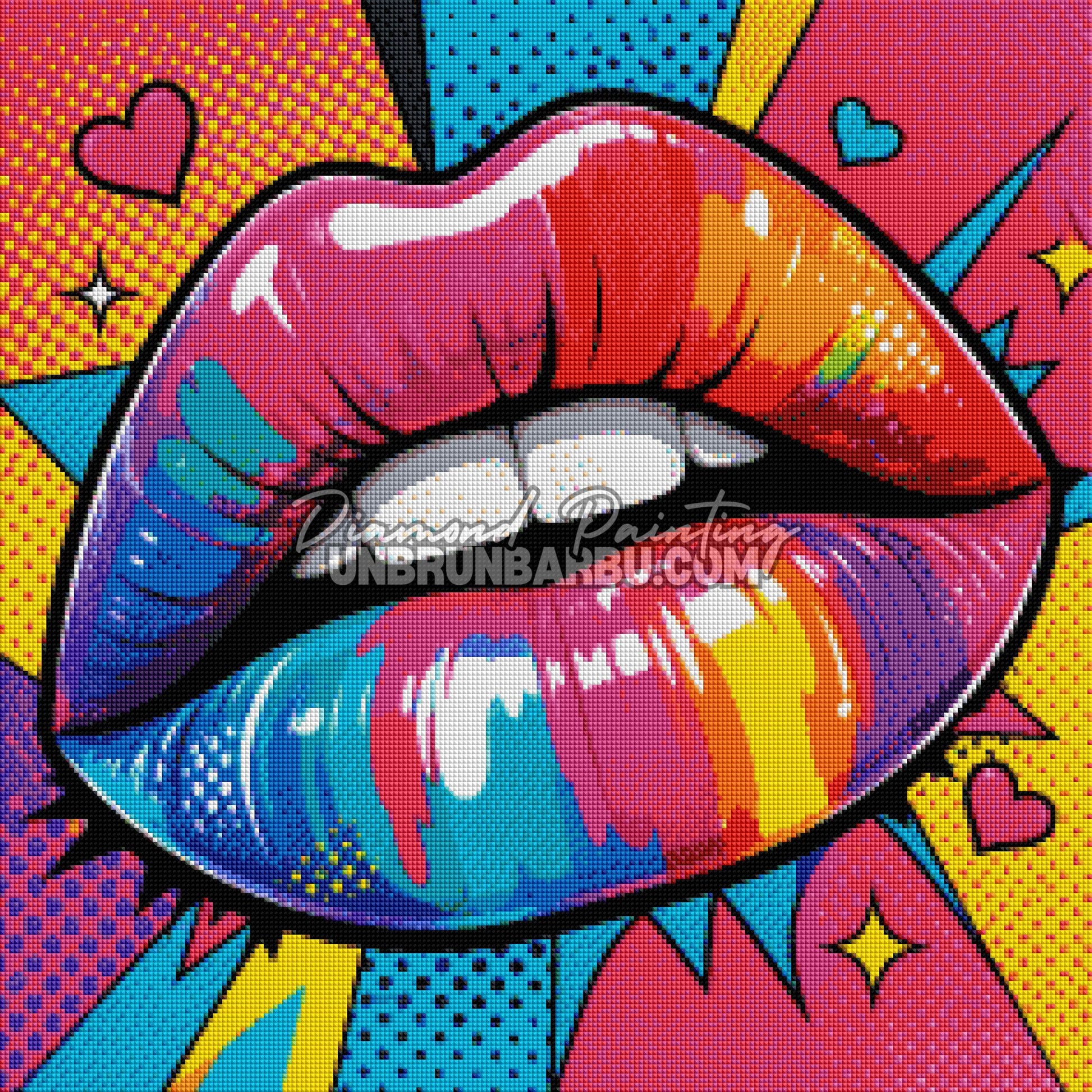 diamond painting kiss pop art 60x60 rendu diamante levres arc en ciel colorees