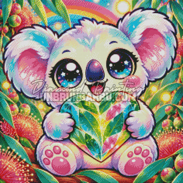 Rendu en Cristaux du Diamond Painting Koala au Coeur Precieux 60x60 cm avec pelage pastel et coeur facette