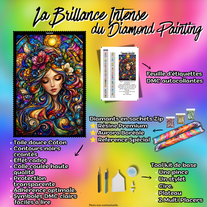 Kit premium Diamond Painting L'Âme des Couleurs avec toile coton, diamants en sachets zip, étiquettes DMC et accessoires