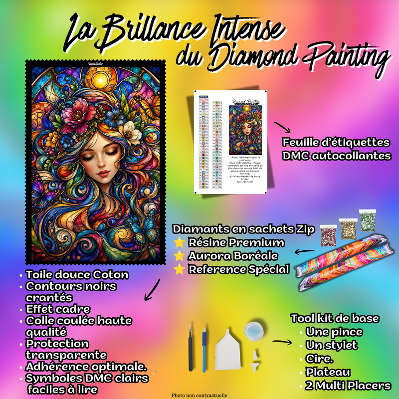 Kit premium Diamond Painting L'Âme des Couleurs avec toile coton, diamants en sachets zip, étiquettes DMC et accessoires
