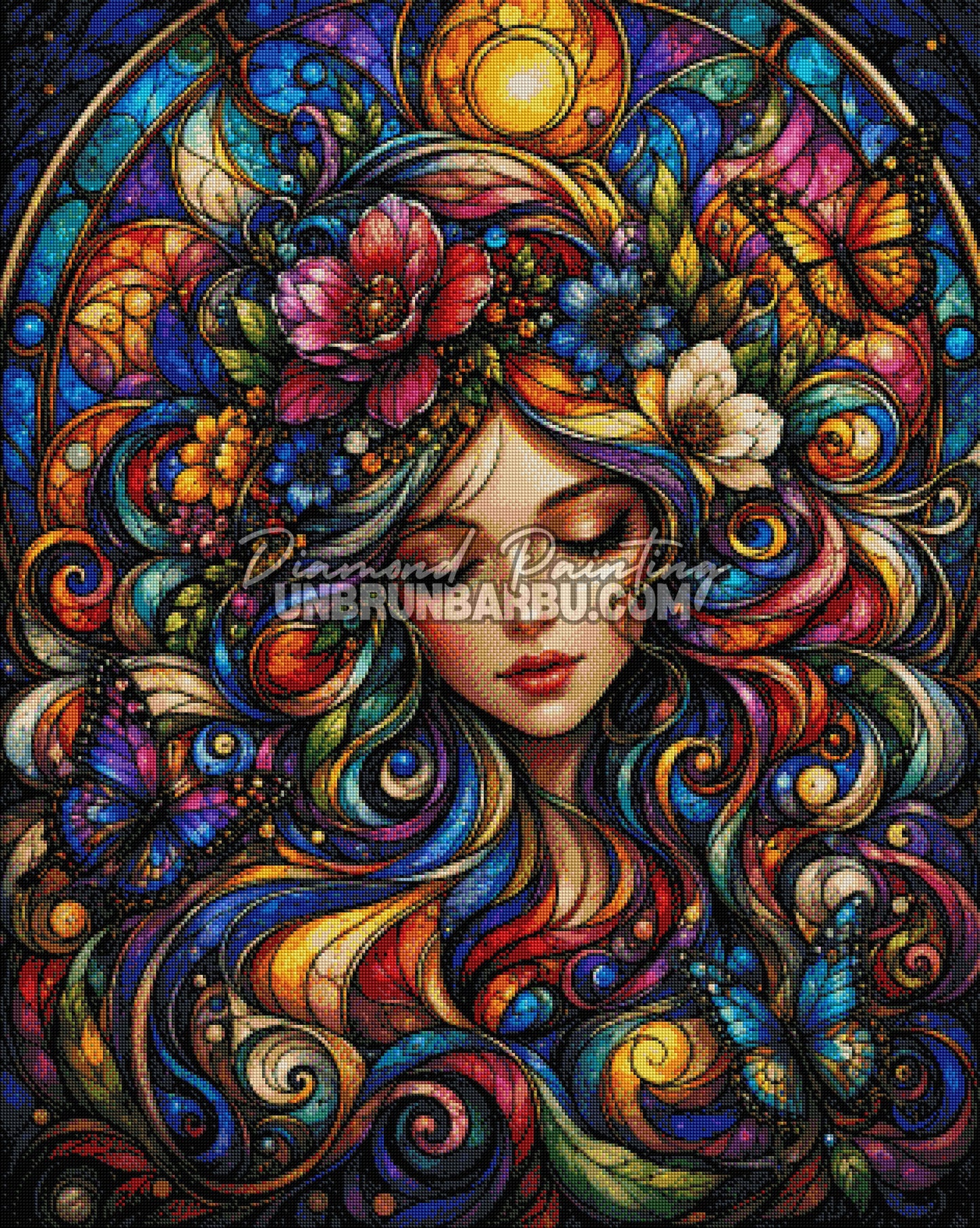 Layout Diamond Painting L'Âme des Couleurs 80x100 cm avec aperçu diamanté du portrait féminin, des fleurs et des spirales colorées
