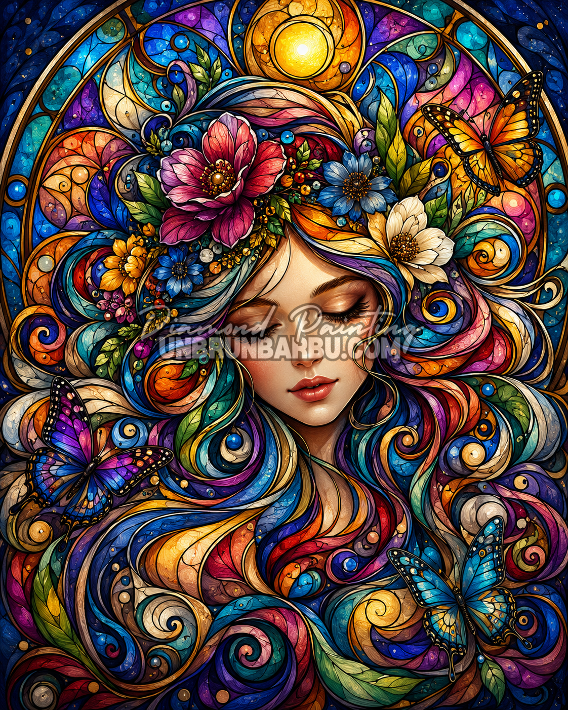 Diamond Painting L'Âme des Couleurs 80x100 cm avec portrait féminin, cheveux vitrail colorés, fleurs et papillons