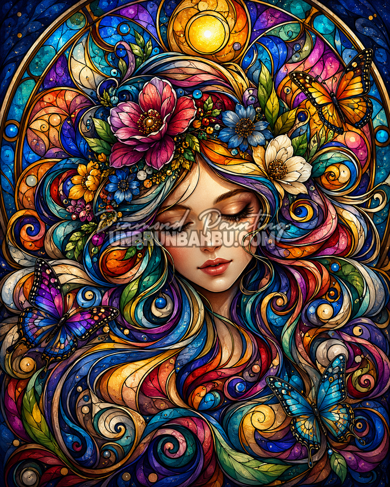 Diamond Painting L'Âme des Couleurs 80x100 cm avec portrait féminin, cheveux vitrail colorés, fleurs et papillons