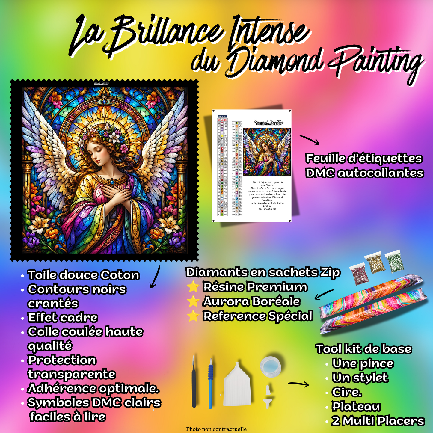 Kit Diamond Painting premium L’Ange de la Paix avec toile coton, diamants en sachets zip, accessoires et étiquettes DMC
