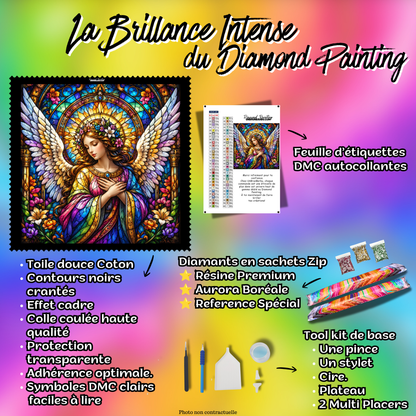 Kit Diamond Painting premium L’Ange de la Paix avec toile coton, diamants en sachets zip, accessoires et étiquettes DMC