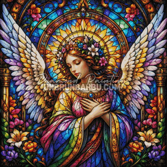 Layout Diamond Painting L’Ange de la Paix avec aperçu diamanté du vitrail, des ailes et des fleurs colorées