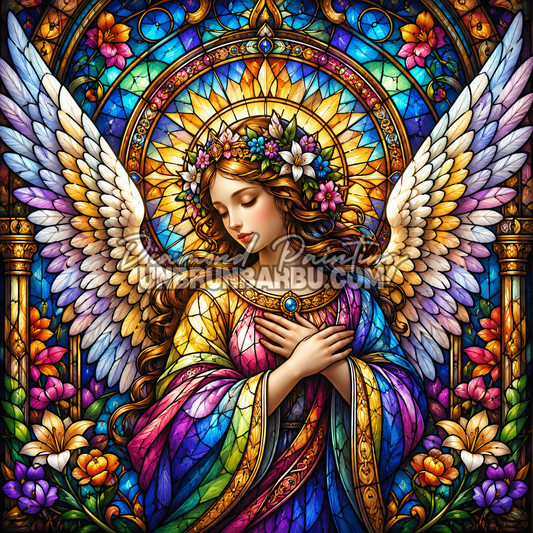 Diamond Painting L’Ange de la Paix 110x110 cm représentant un ange aux ailes majestueuses devant un vitrail coloré