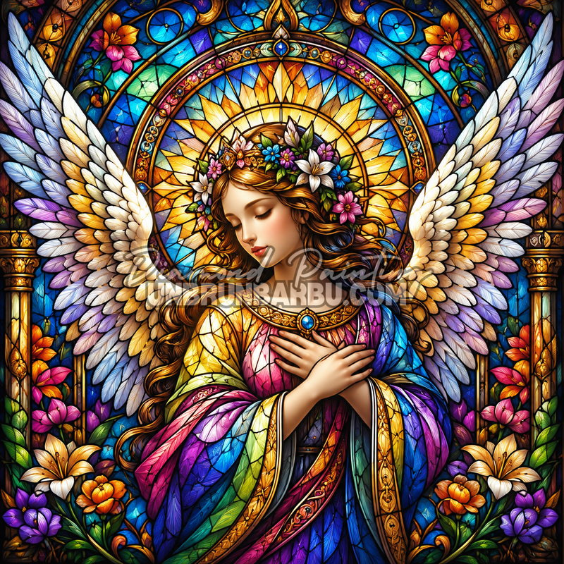 Diamond Painting L’Ange de la Paix 110x110 cm représentant un ange aux ailes majestueuses devant un vitrail coloré