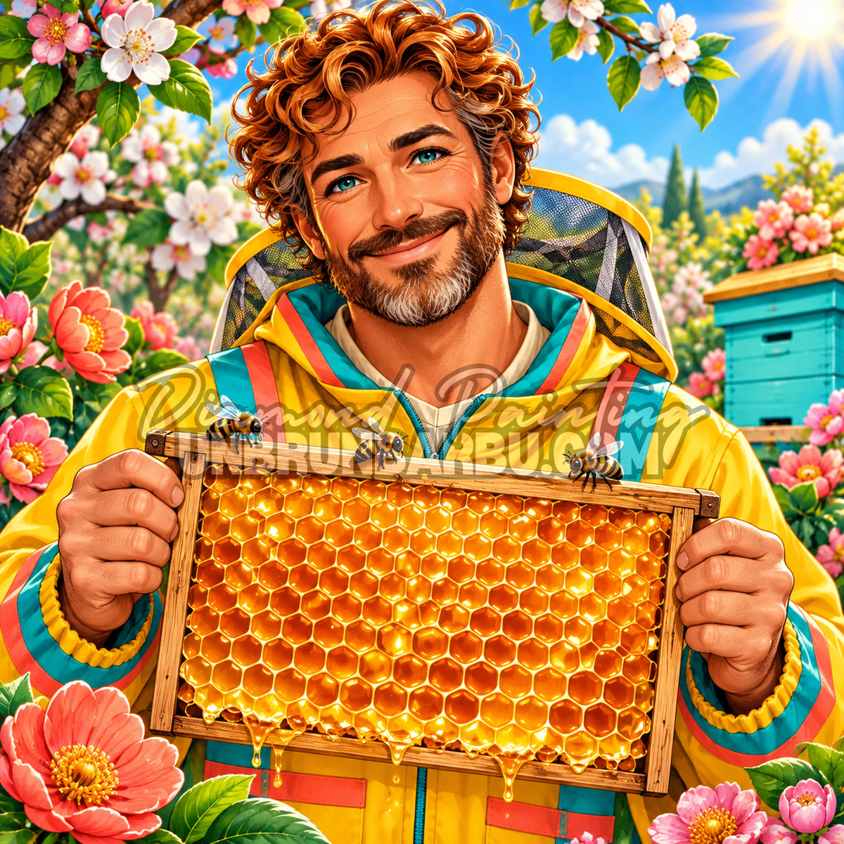 Diamond Painting L Apiculteur au Miel d Or 110x110 cm avec cadre de miel, abeilles et verger fleuri