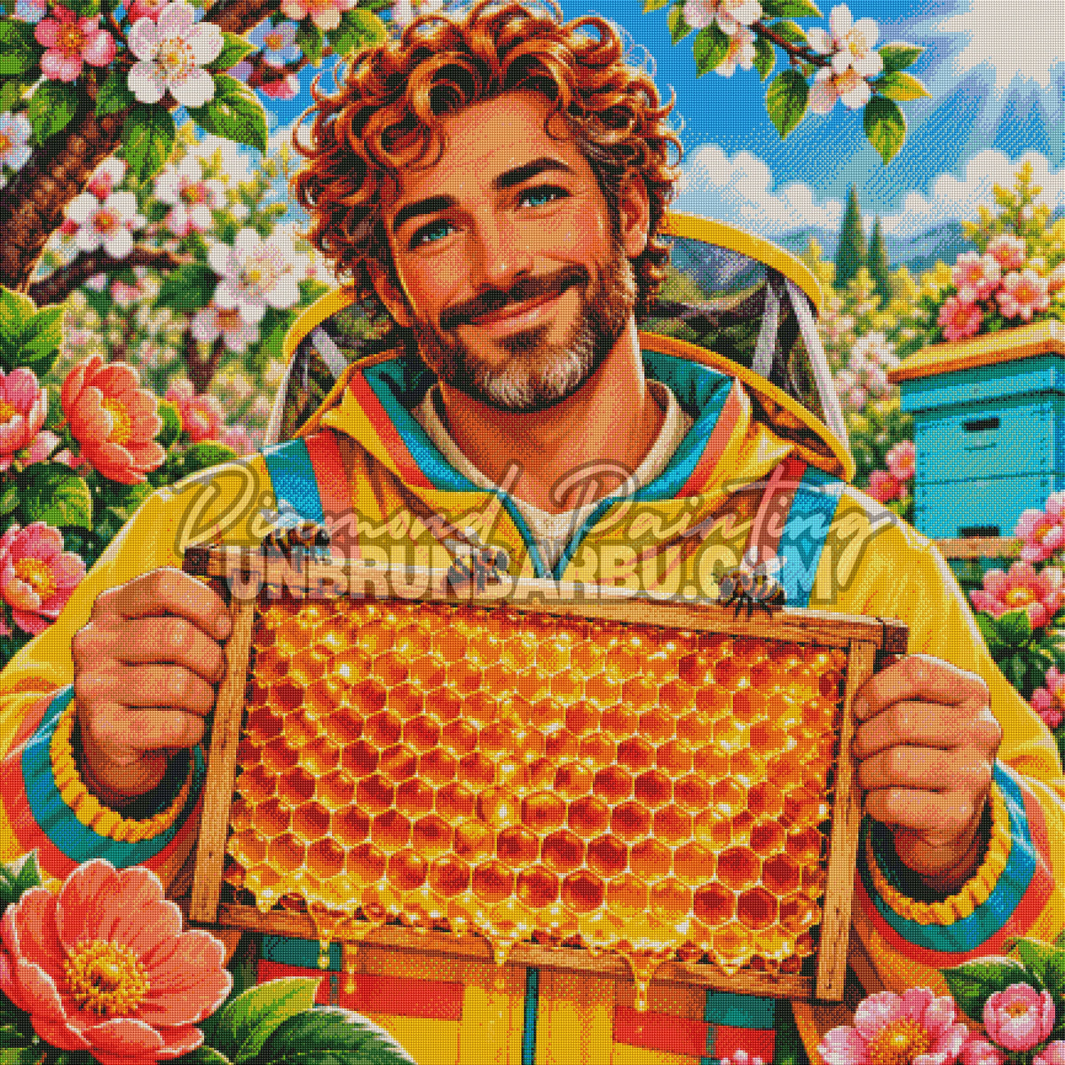 Rendu diamante du Diamond Painting L Apiculteur au Miel d Or 110x110 cm avec cadre dore, abeilles et ruche turquoise