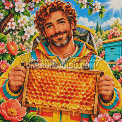 Rendu diamante du Diamond Painting L Apiculteur au Miel d Or 110x110 cm avec cadre dore, abeilles et ruche turquoise