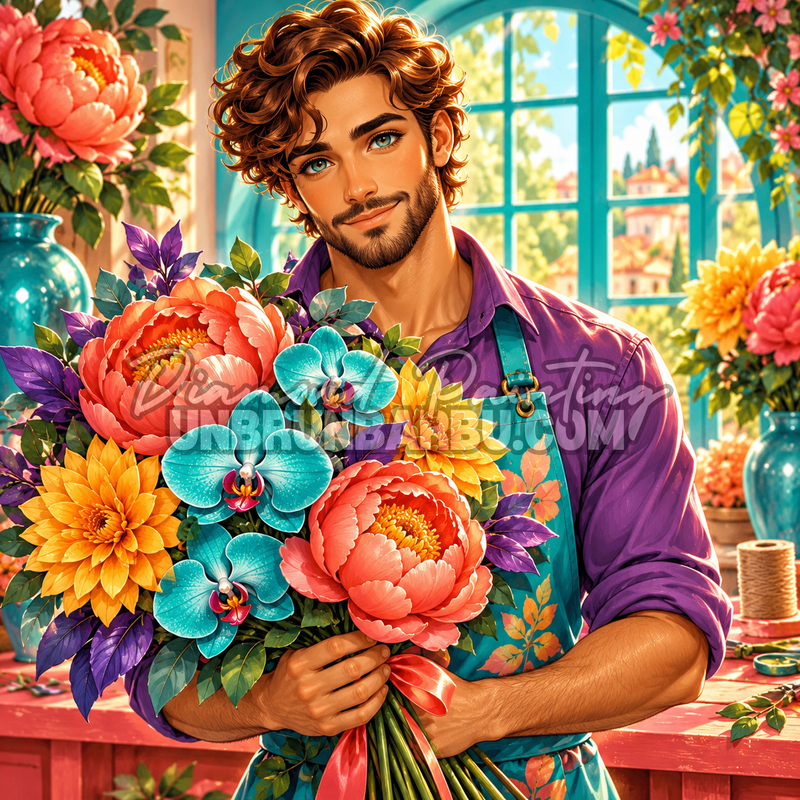 Diamond Painting L Atelier du Fleuriste 110x110 cm avec fleuriste, pivoines, orchidees et bouquet colore